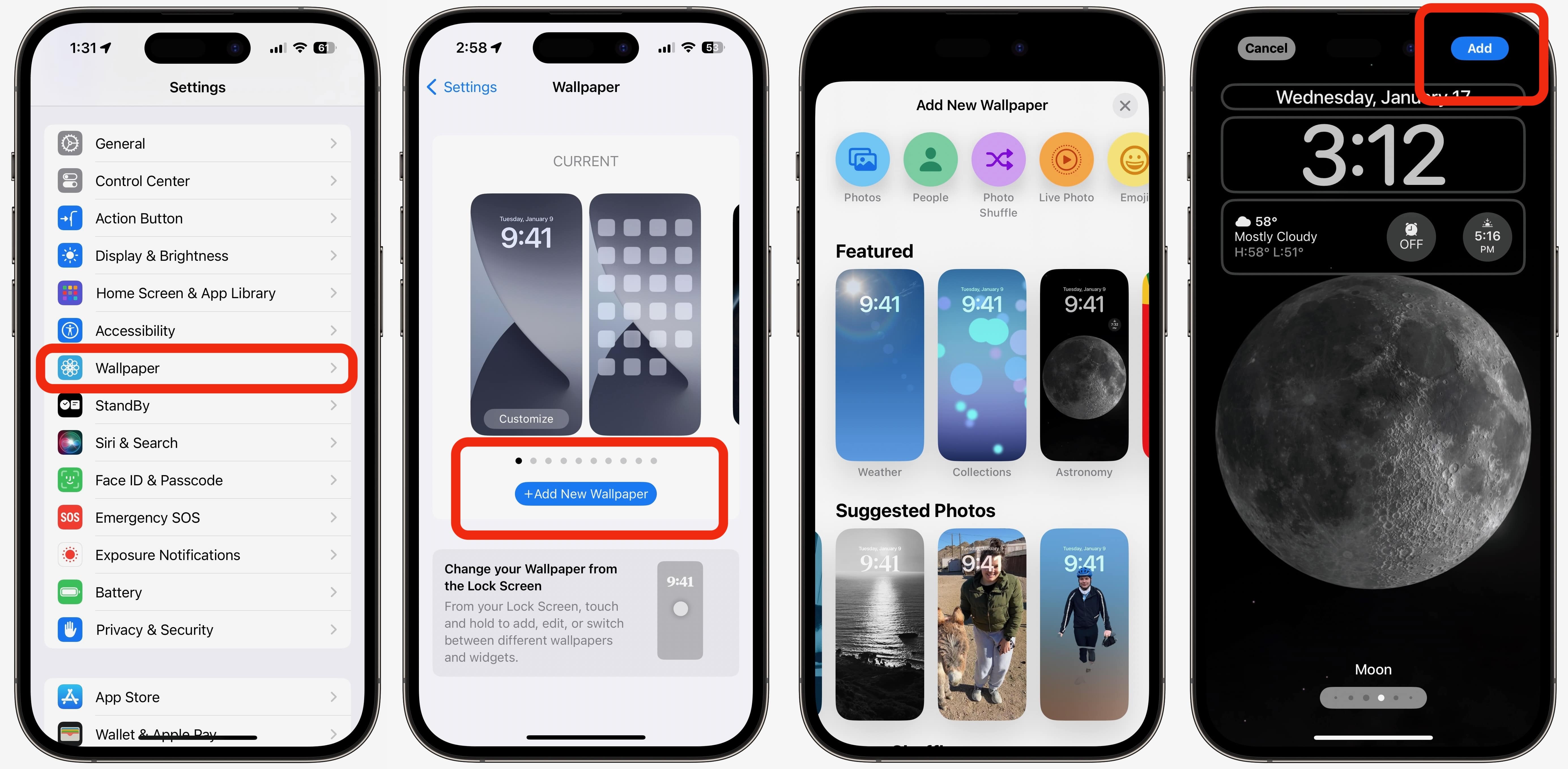 Series of screenshots showing to change iPhone Home Screen wallpaper.