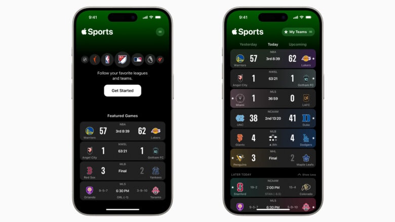 Apple Sports app screenshots