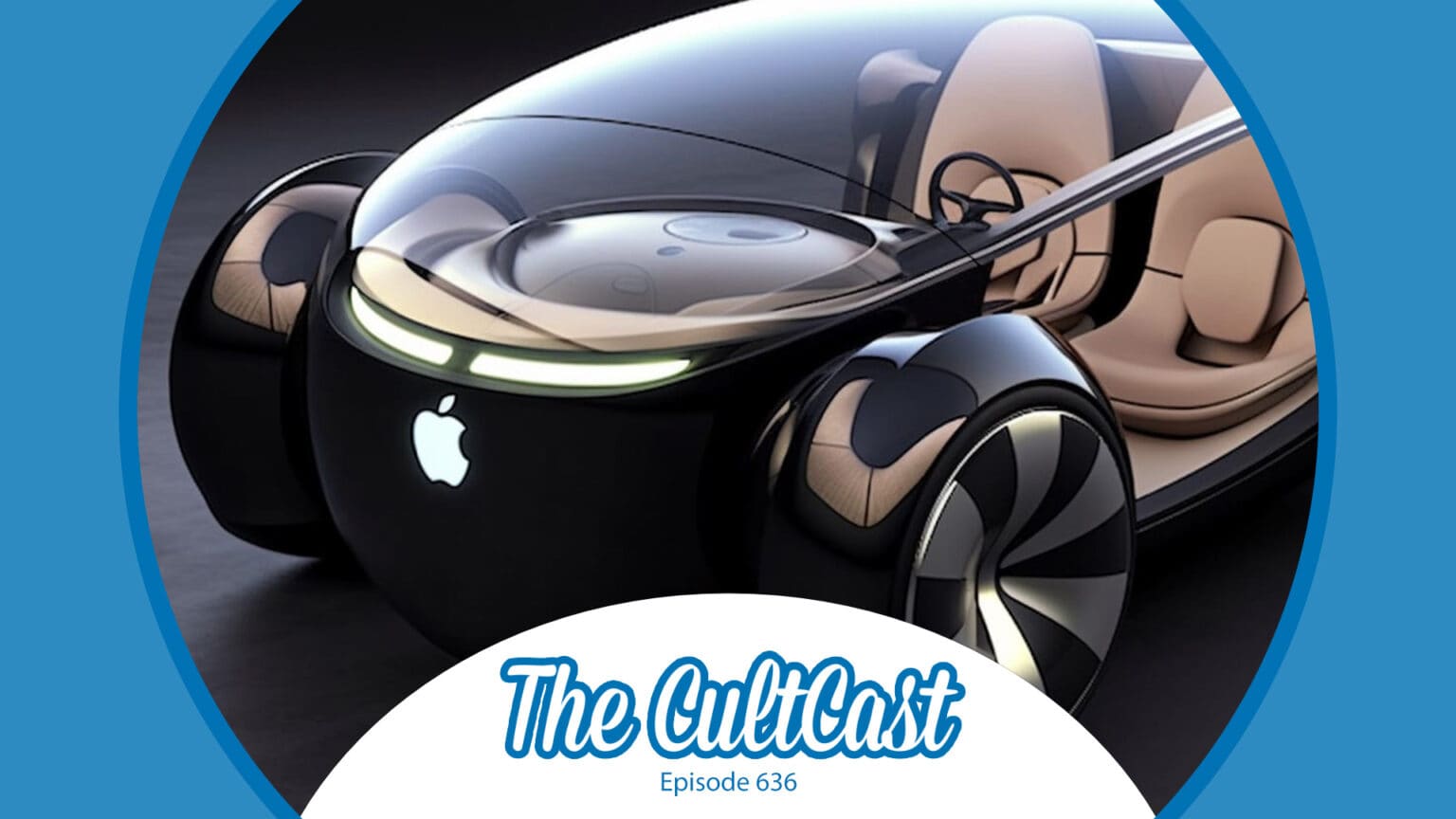 An AI-generated Apple-branded electric car, with The CultCast logo and 