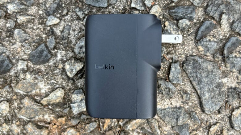 The power prongs on Belkin's wall charger/power bank fold down when you don't need them.