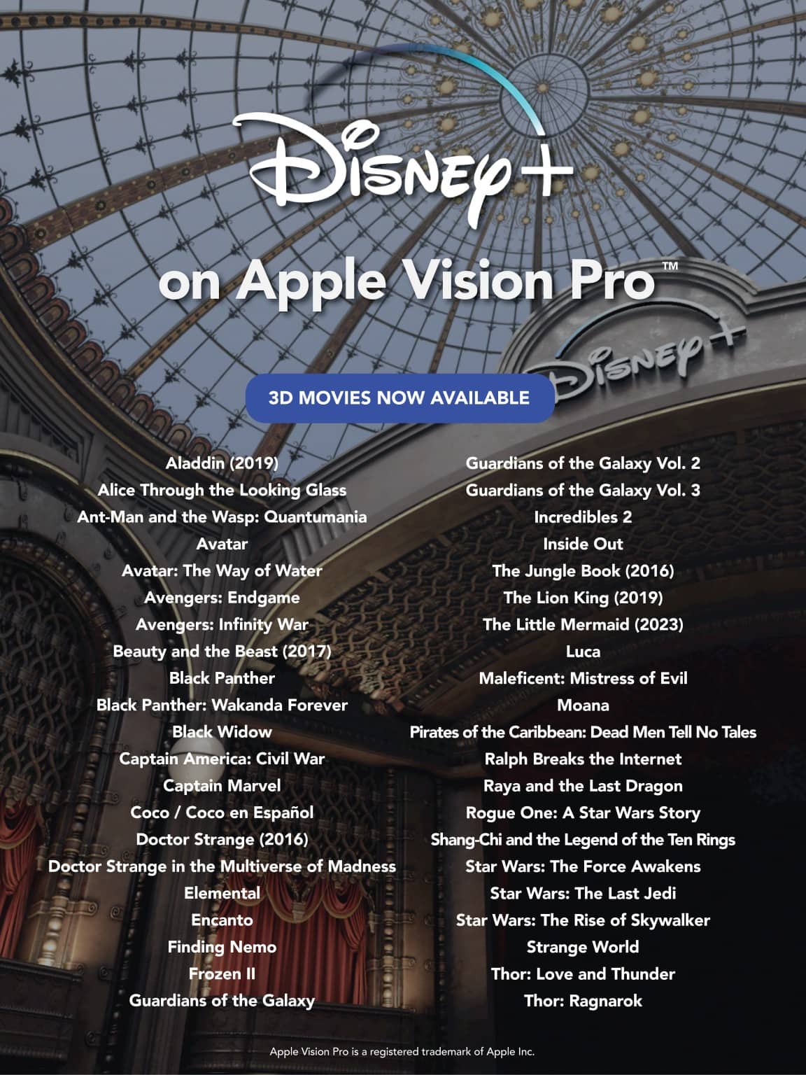 Disney+ 3D movie titles for Vision Pro
