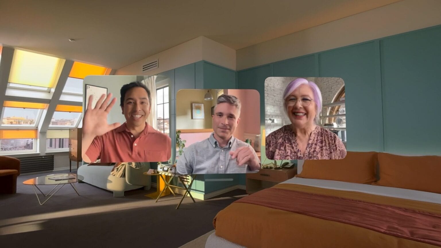 FaceTime call on Vision Pro showing three people floating in windows in a hotel room