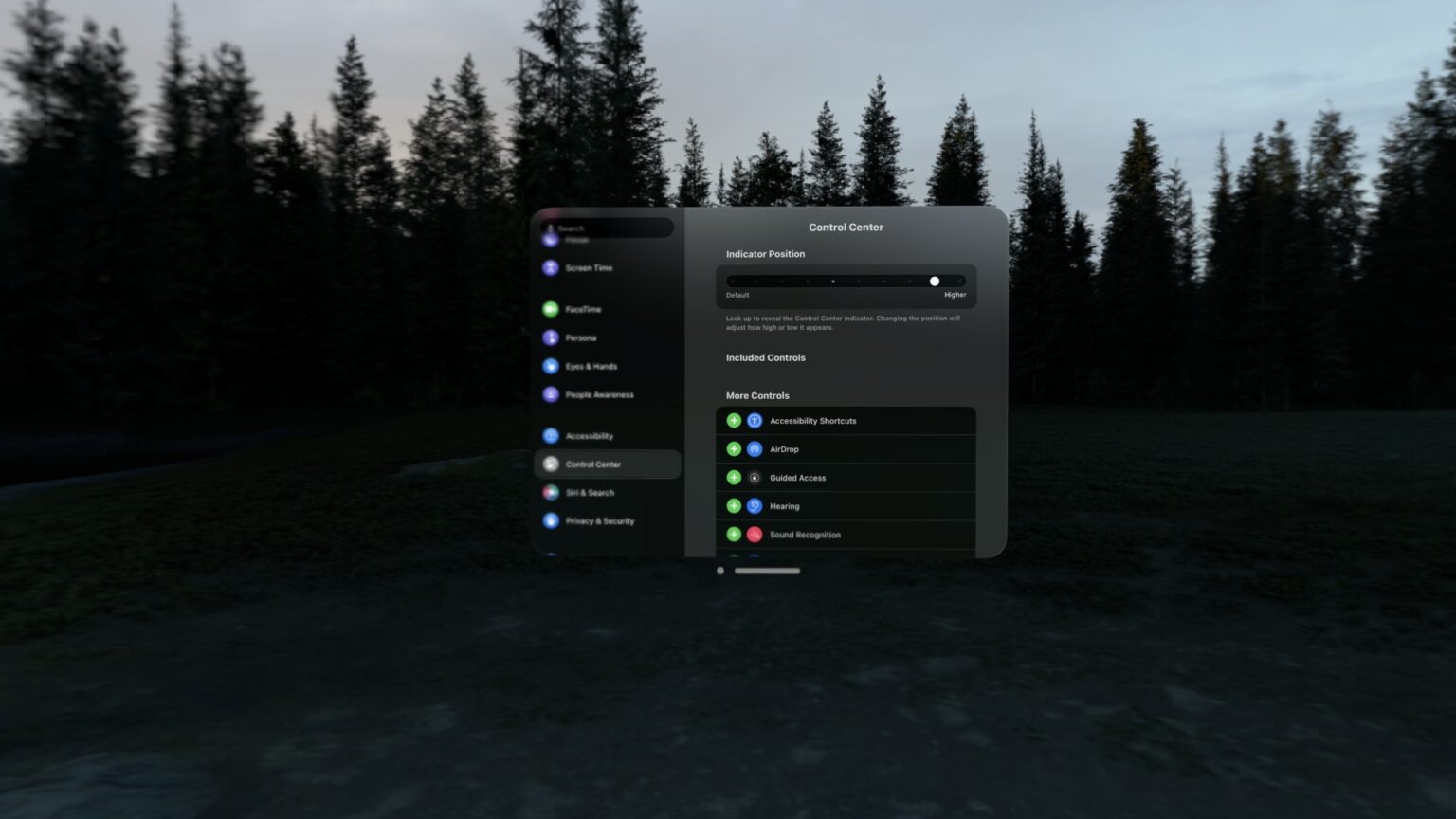 Vision Pro Control Center settings floating in a forest