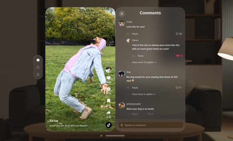 TikTok Vision Pro app with comments TikTok Vision Pro app screenshot with comments