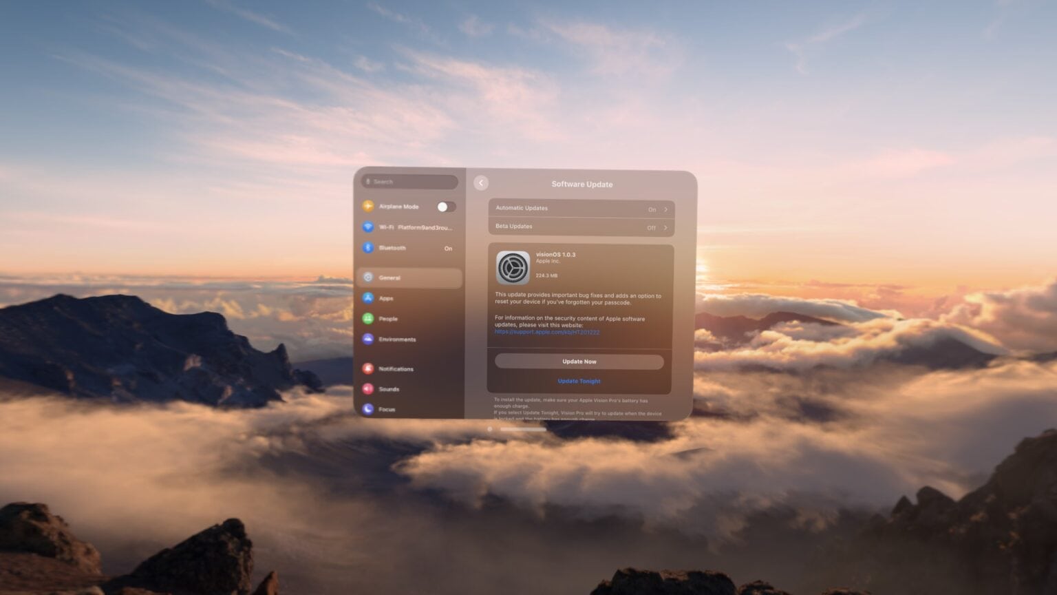 Vision Pro software update screen in a mountaintop environment