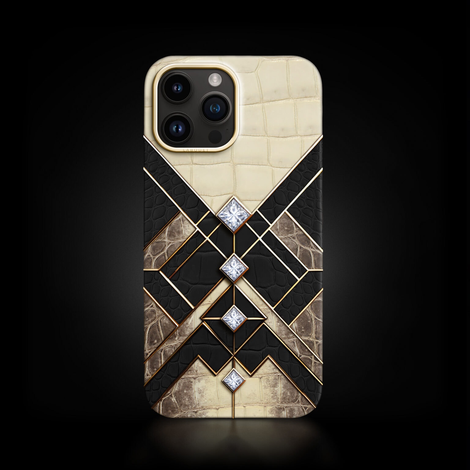 An AI-designed iPhone case by Labodét with crocodile and alligator leather, diamonds and gold detailing.