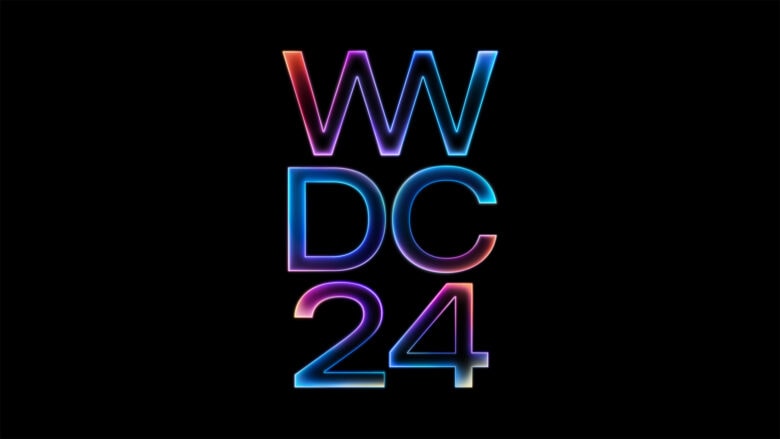 A black screen with the term "WWDC24" in a multicolored font. This image accompanied Apple's announcement of the WWDC24 dates.