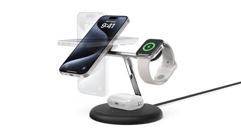 Belkin BoostCharge Pro 3-in-1 Magnetic Wireless Charging Stand with Qi2 in use