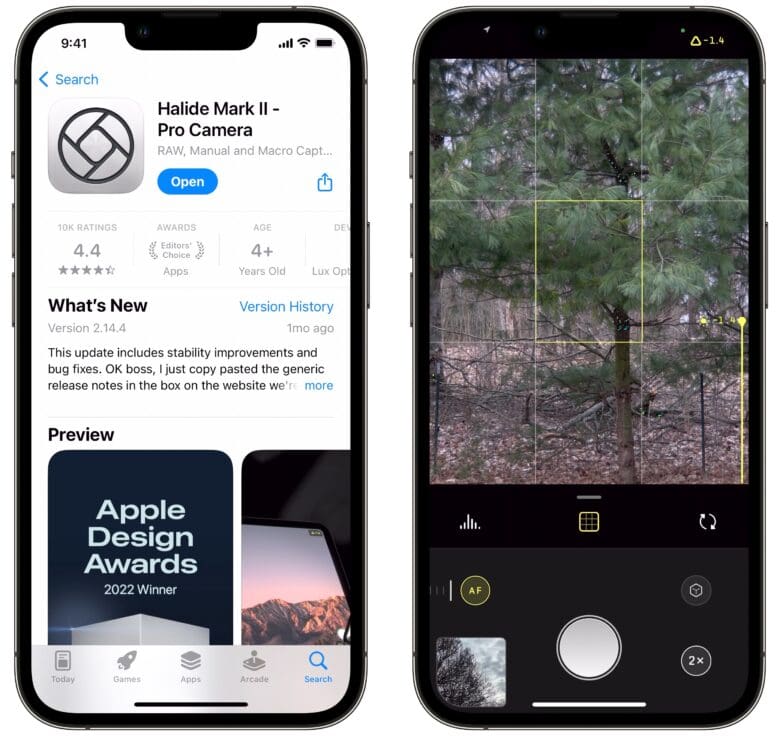 Halide in the App Store (left) and Halide camera (right)