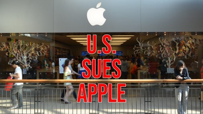 Text saying "U.S. sues Apple" overlaying an image of an Apple Store