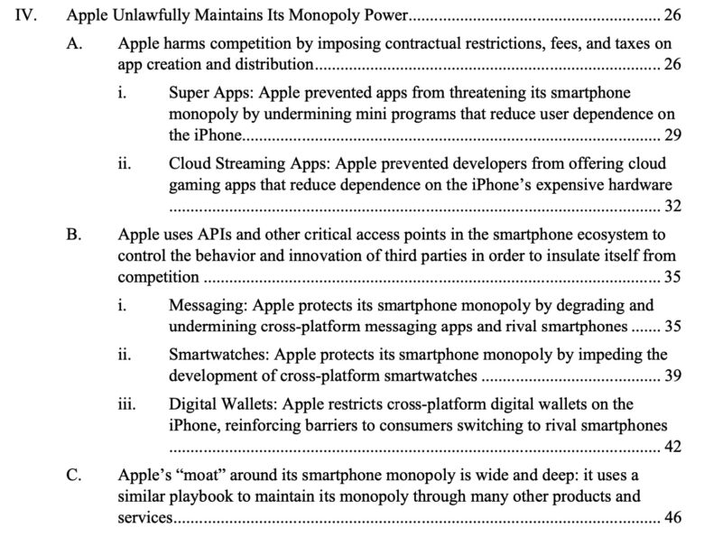 Screenshot of the DoJ's antitrust case against Apple outlining the five main areas of focus.