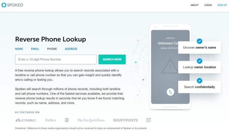 Screenshot of Spokeo, the leading reverse phone number lookup site.