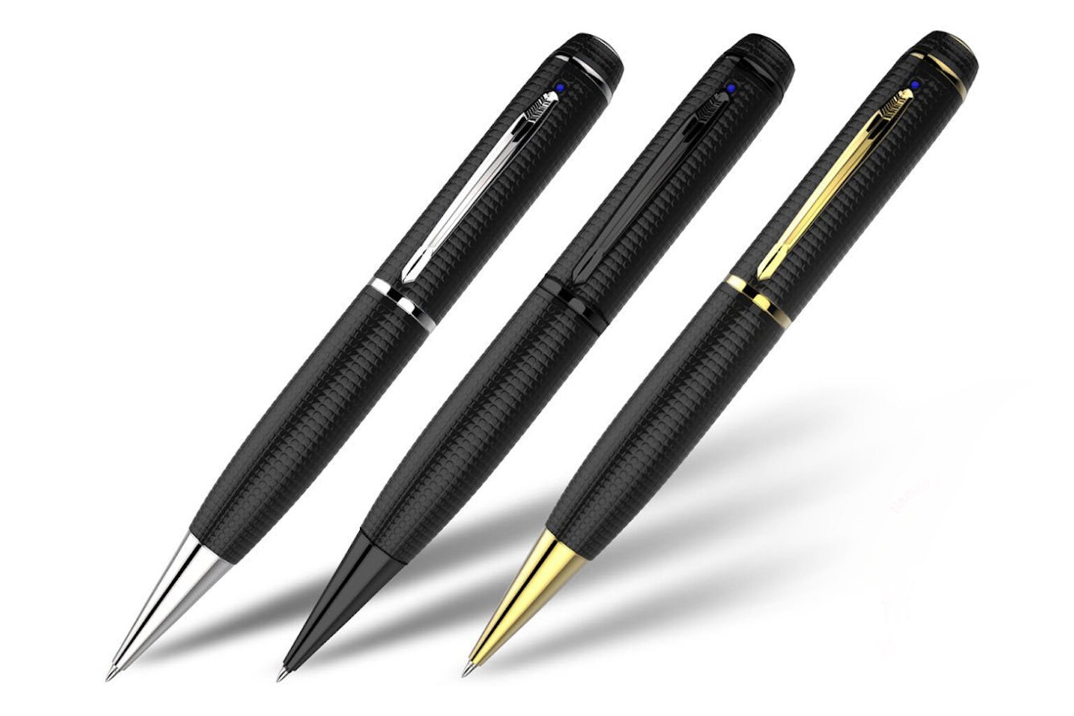 The iSpyPen Pro spy pen shown in three colors.