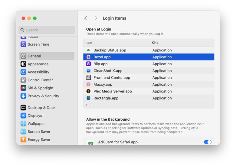 Background Items in macOS System Settings