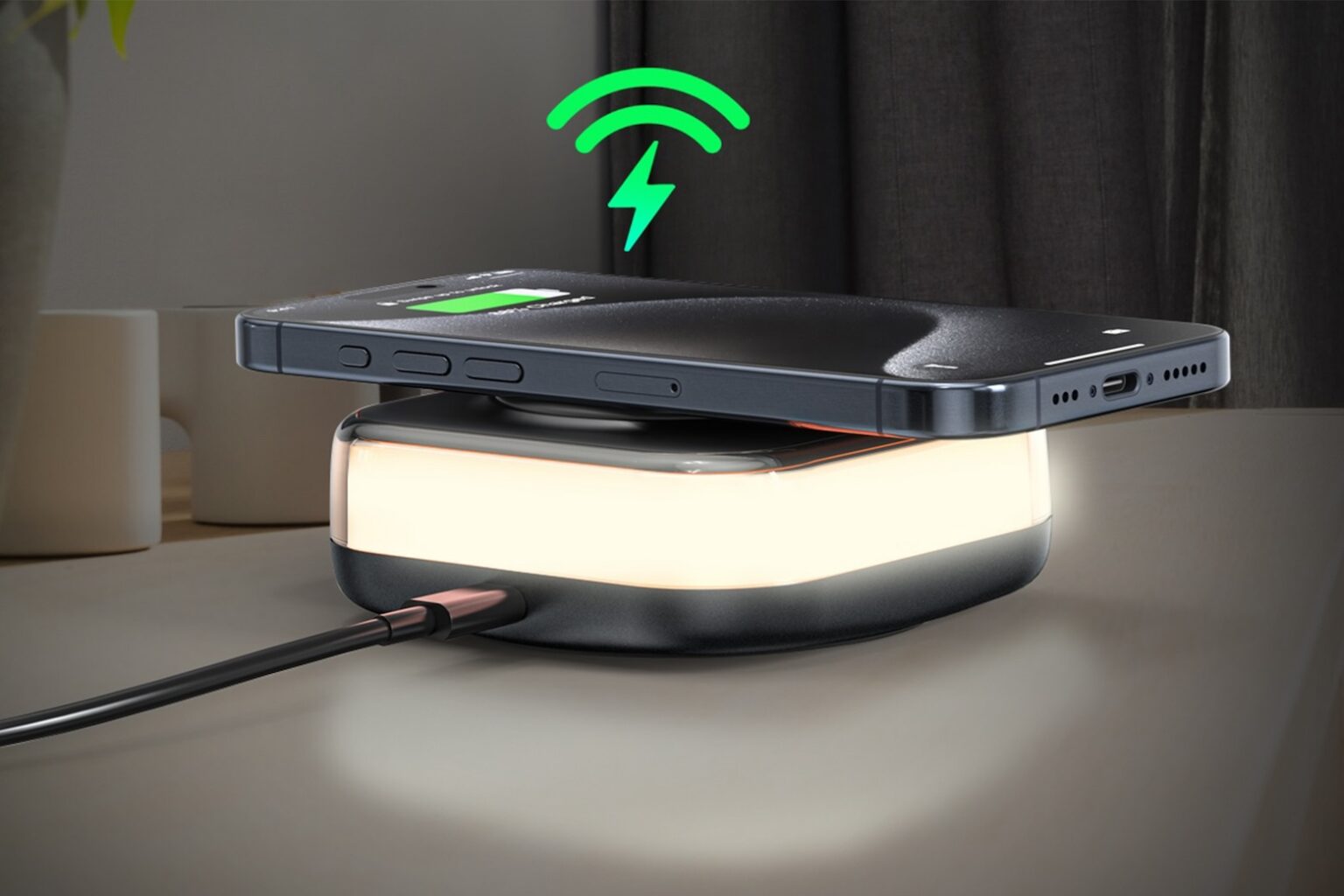 Night light charging station offers wireless iPhone charging.