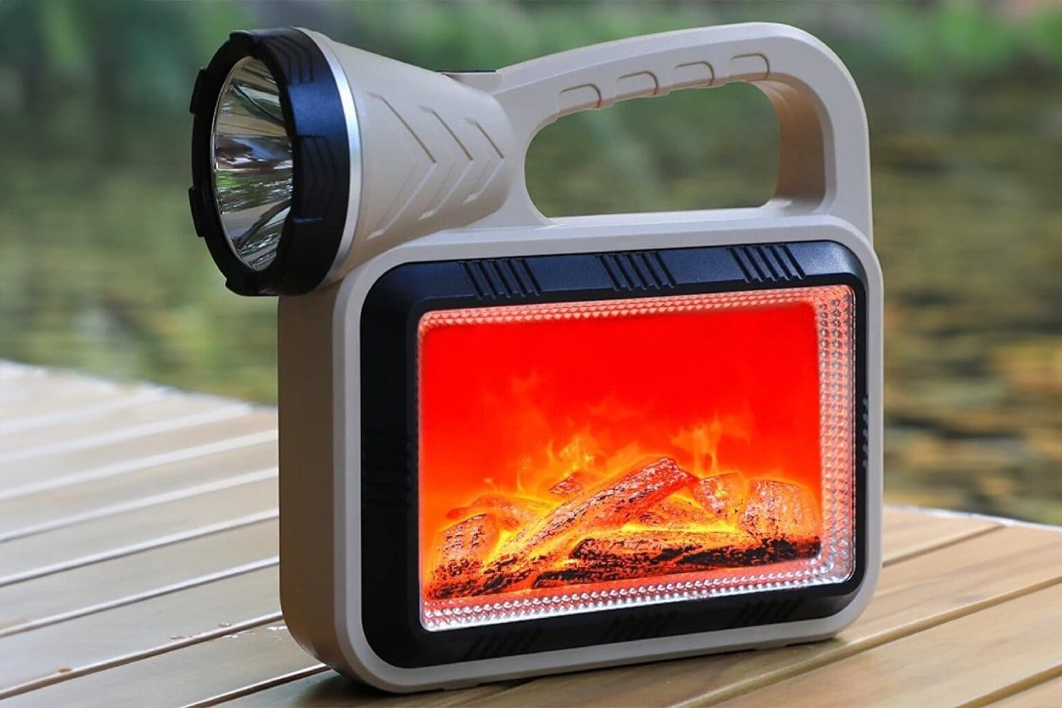 This solar-powered flashlight doubles as a power bank and lights up the night with faux fireplace.