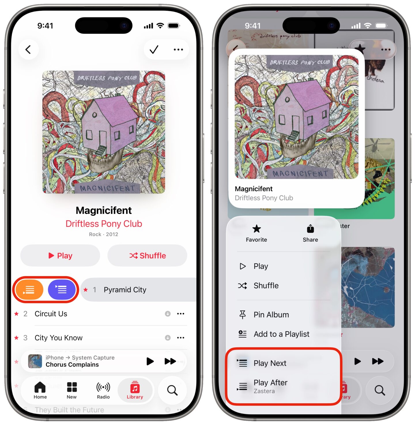 Queue Songs in Apple Music Swiping on a song (left) and tapping and holding on an album (right) to queue songs in Apple Music
