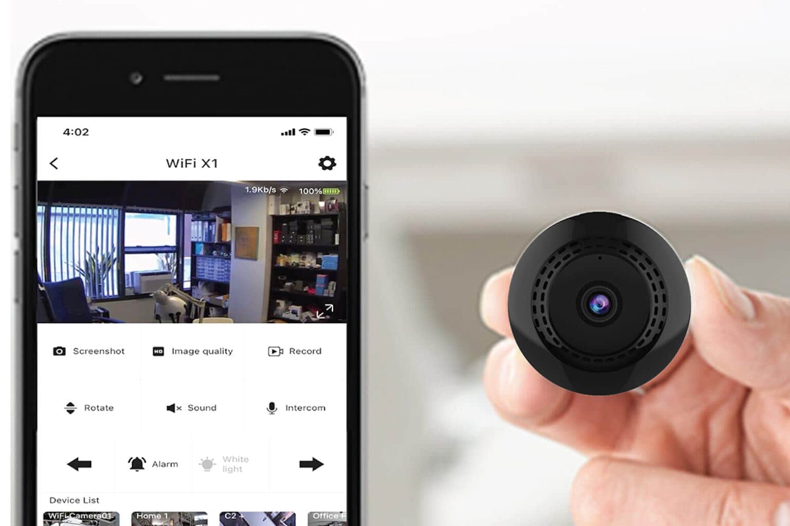 Tokk Cam 2+ bodycam, dashcam and home security cam is pictured being held in a hand, alongside the iPhone app that works with it.