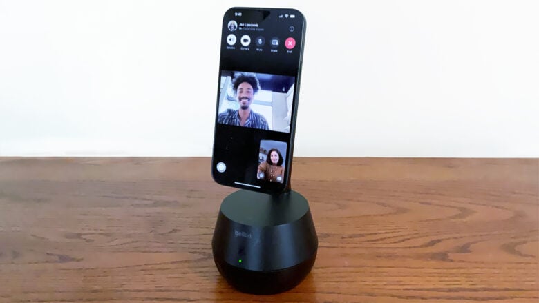 Belkin Auto-Tracking Stand Pro iPhone camera dock making a FaceTime call