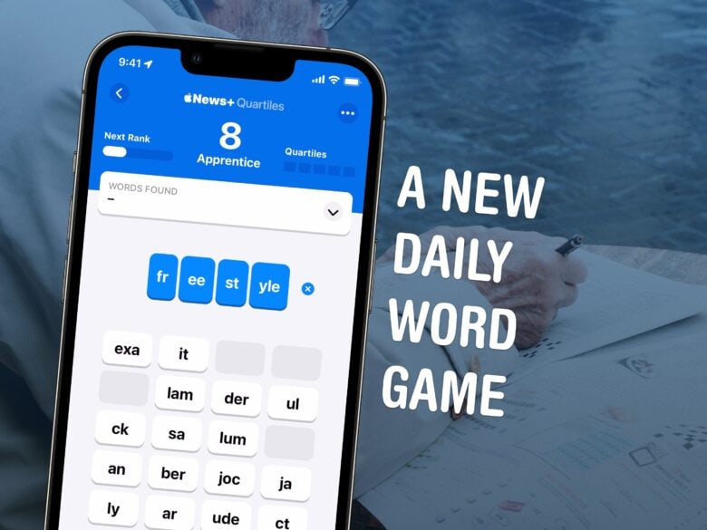iPhone screenshot show the Apple News+ game "Quartiles," with the words "A New Daily Word Game"