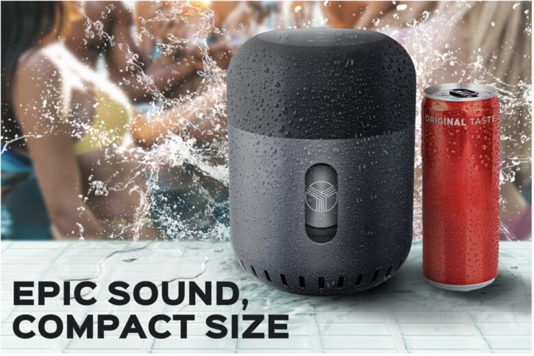 Rain or shine, this waterproof Bluetooth speaker kicks out the jams. The Treblab HD-360 speaker is shown next to a generic canned beverage.