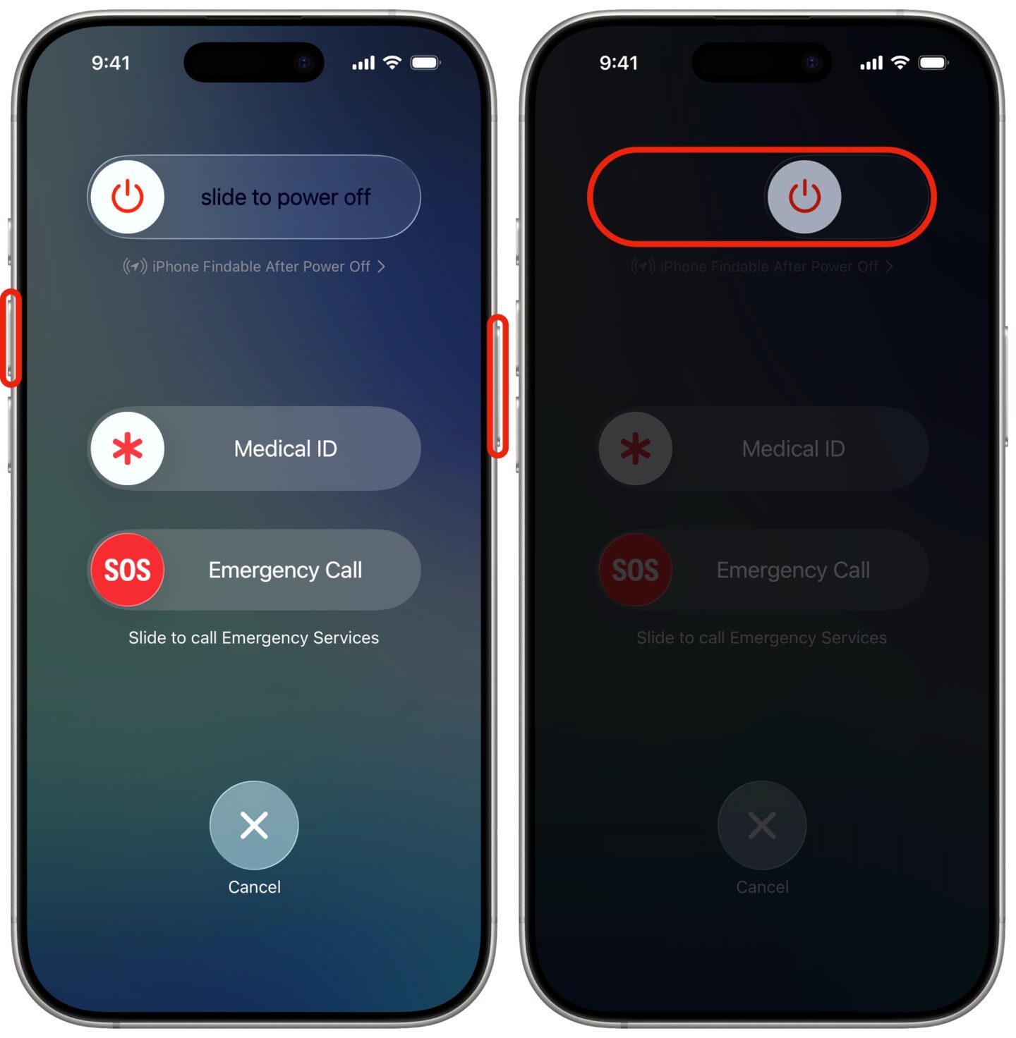 Screenshots show how to turn off an iPhone that has Face ID