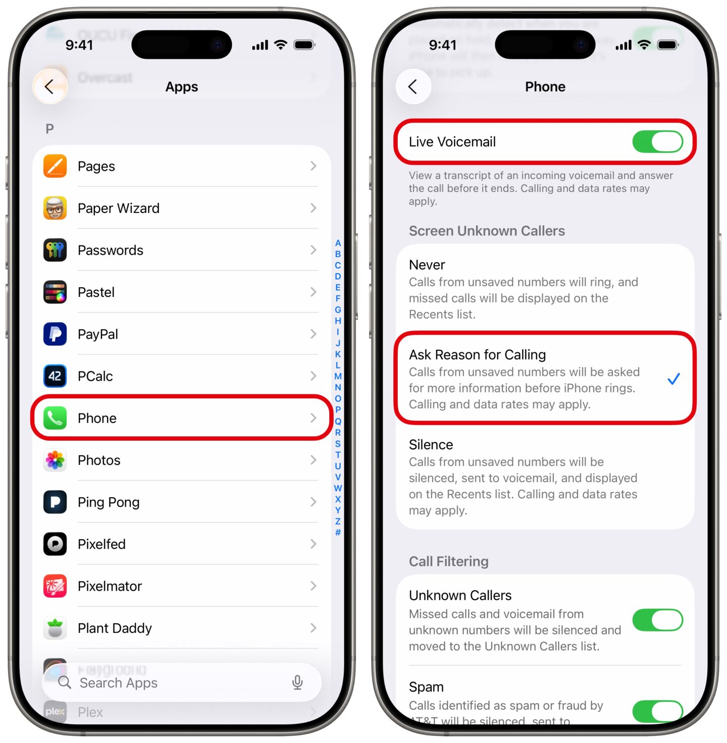 Enabling settings to screen calls on iPhone