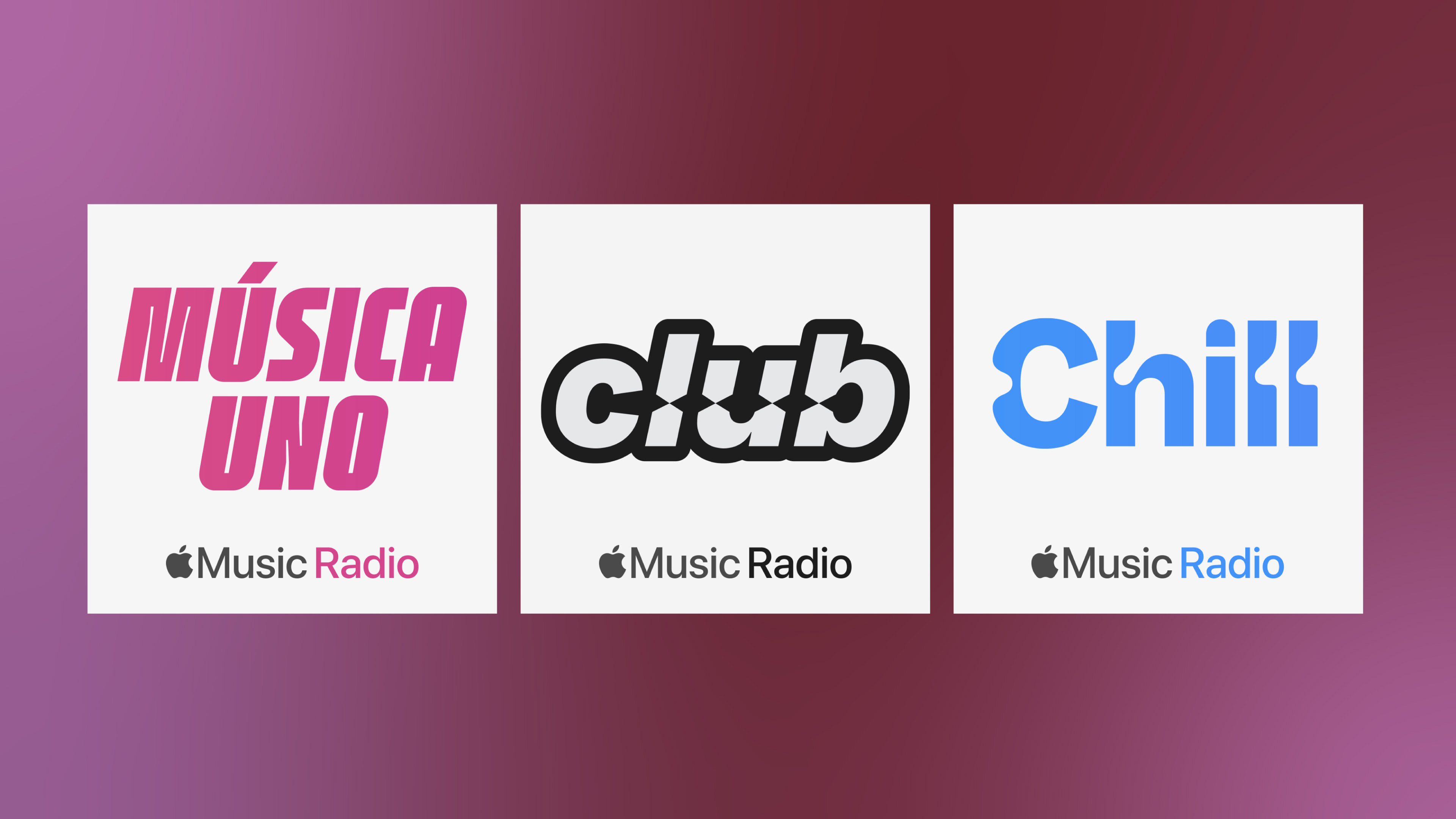 Apple Music Radio Logos for Apple music radio stations: Apple Música Uno, Apple Music Club, and Apple Music Chill.
