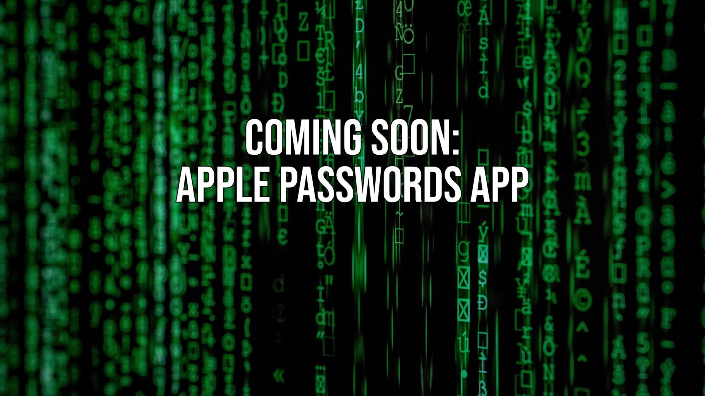 Digital noise background with the words "Coming soon: Apple Passwords app," to illustrate a story about a rumored Apple Passwords.