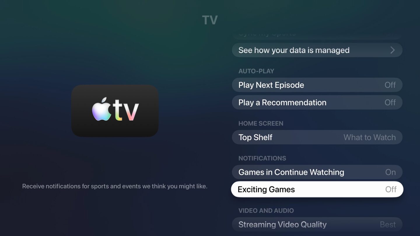 Apple TV Exciting Games Changing Apple TV settings for sports notifications