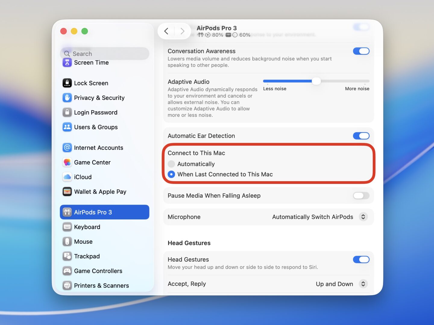 Mac AirPods switching settings Screenshot of AirPods switching settings on the Mac