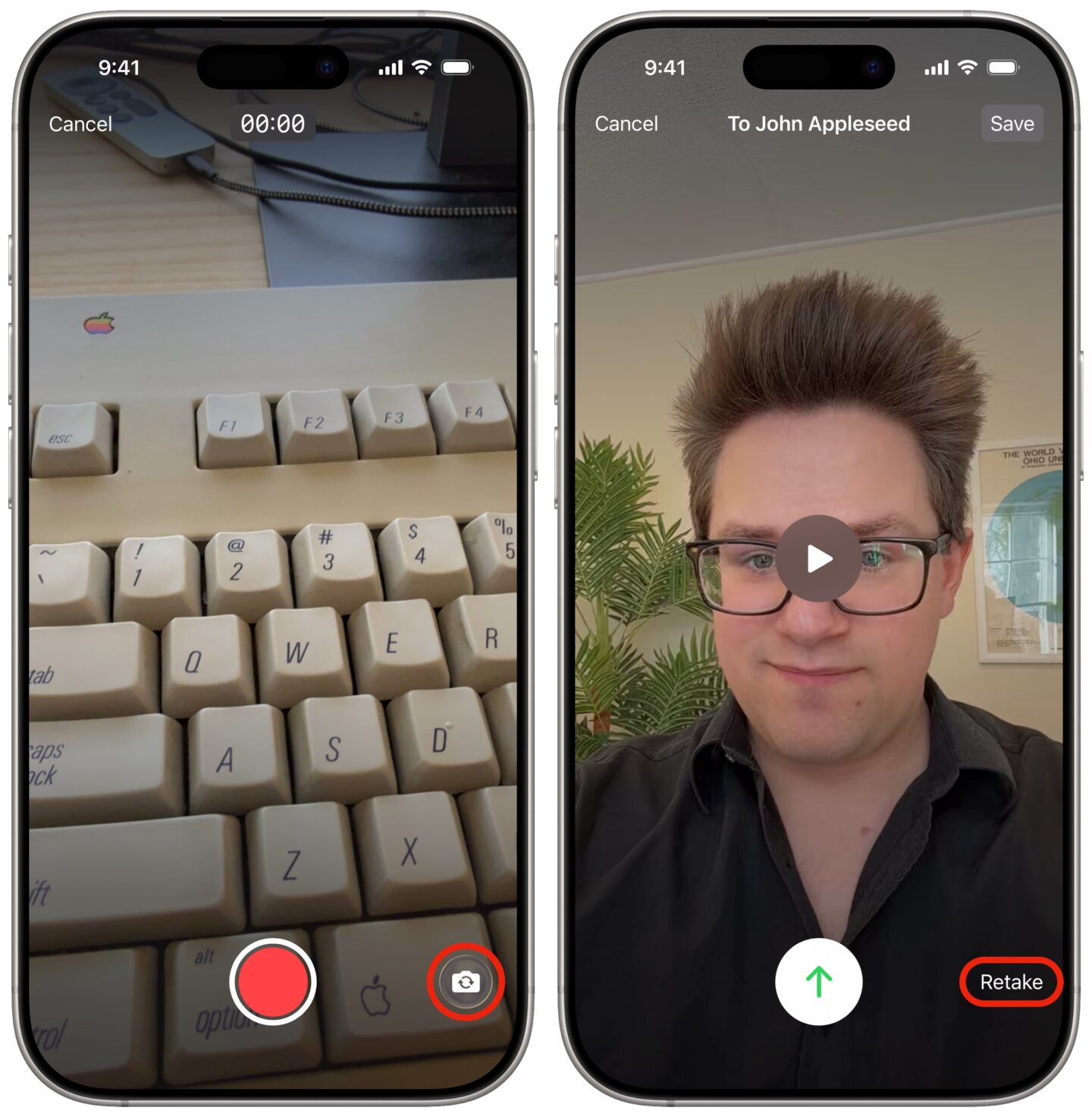 Send FaceTime Message Flipping the camera or retaking the video
