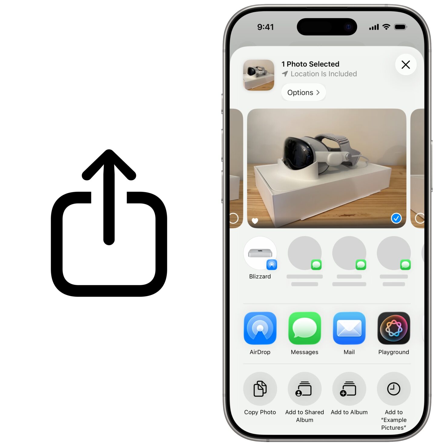 The Share icon (left) and the share sheet (right).