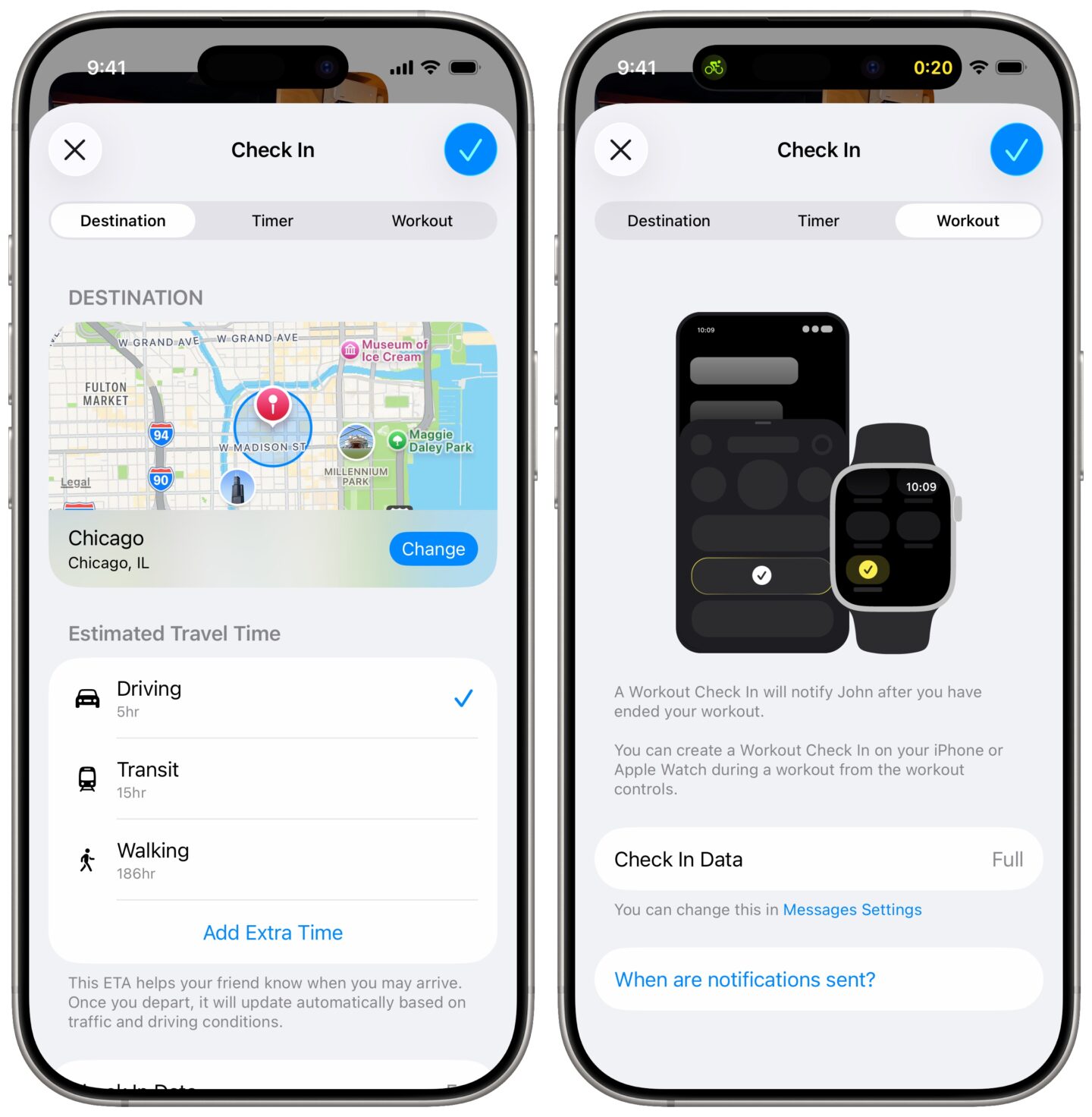 Choosing a type of check in on iPhone