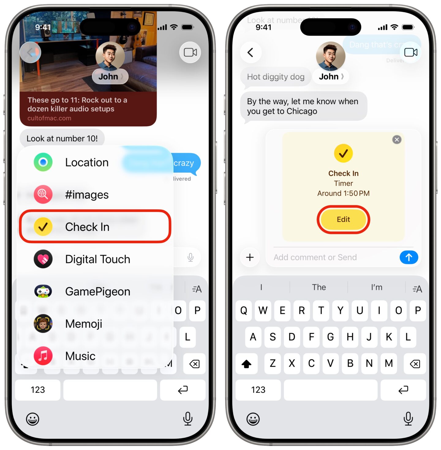 Starting a check-in from Messages on iPhone