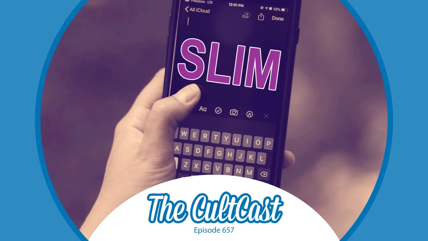 An iPhone with the word "Slim" on it, plus logo for "The CultCast" and episode 657.