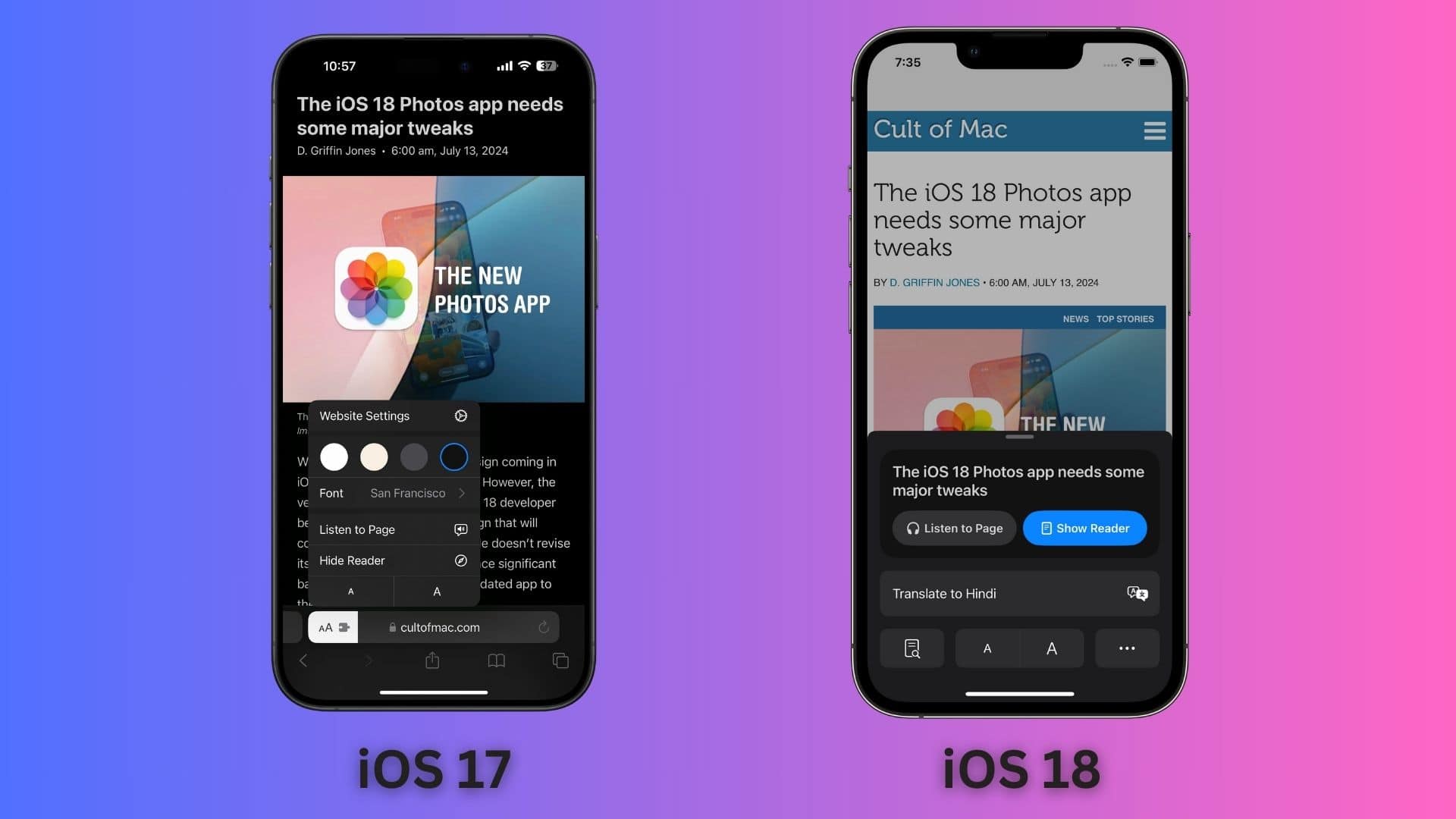 Safari design tweaks in iOS 17 vs iOS 18