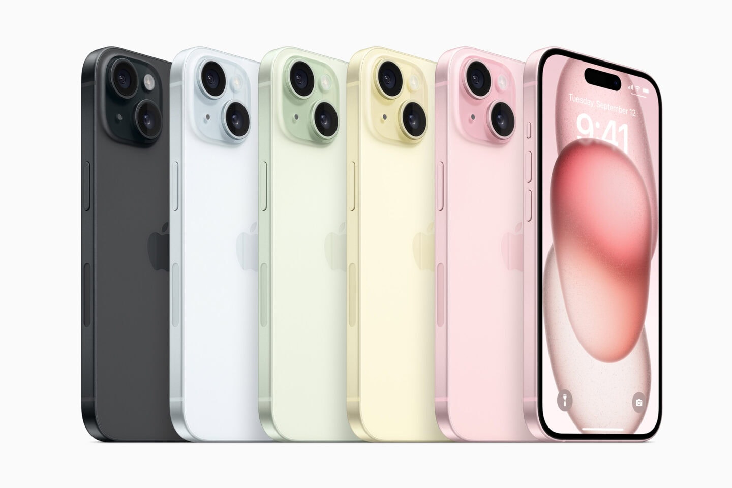 iPhone 15 and iPhone 15 Plus sale in five stunning colors: black, blue, green, yellow and pink.