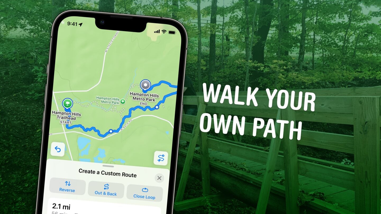 Image with the words "Walk Your Own Path" and a screenshot showing hiking trails in Apple Maps in iOS 18.