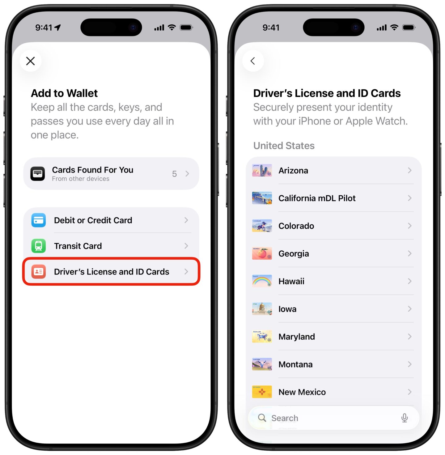Picking a state to add a digital ID.
