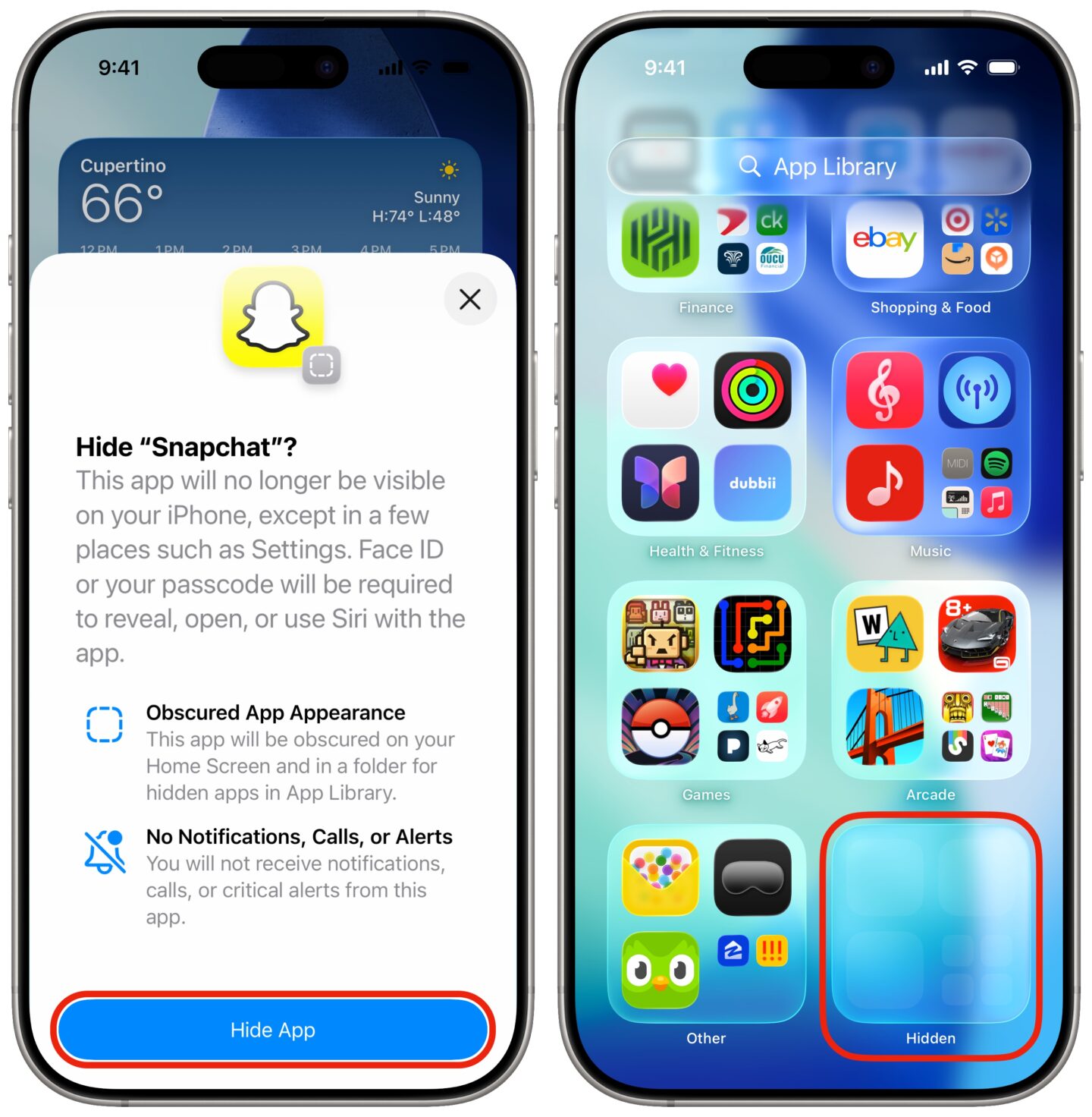 Screenshots showing how to hide apps on iPhone from the Home Screen