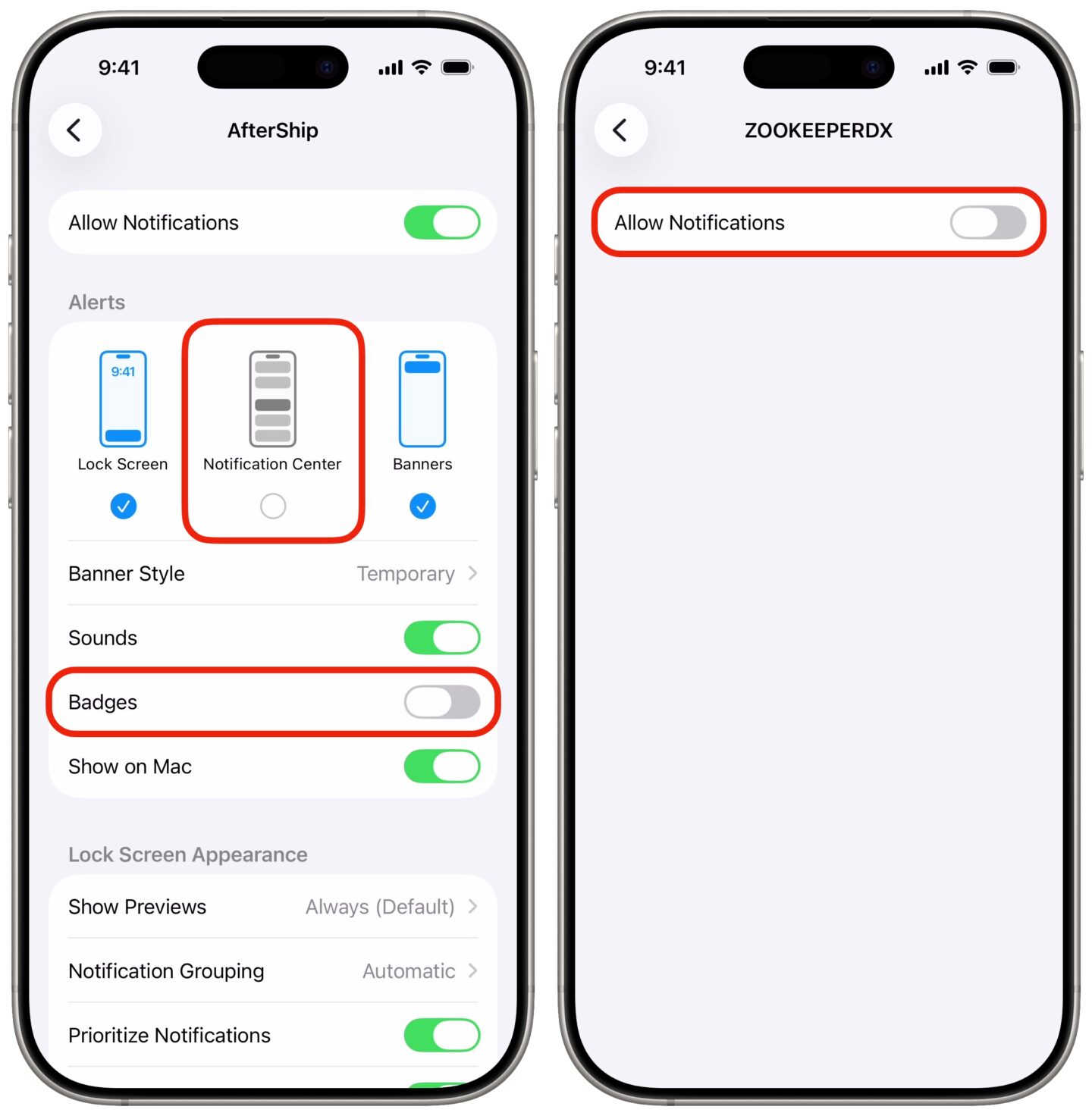 Hiding notifications from notification center, disabling badges, and turning off entirely