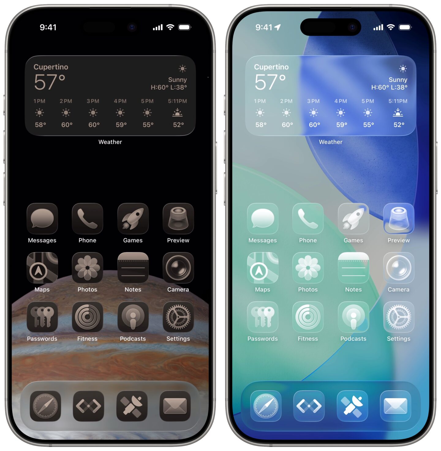 Tinted and Clear icons on a Home Screen