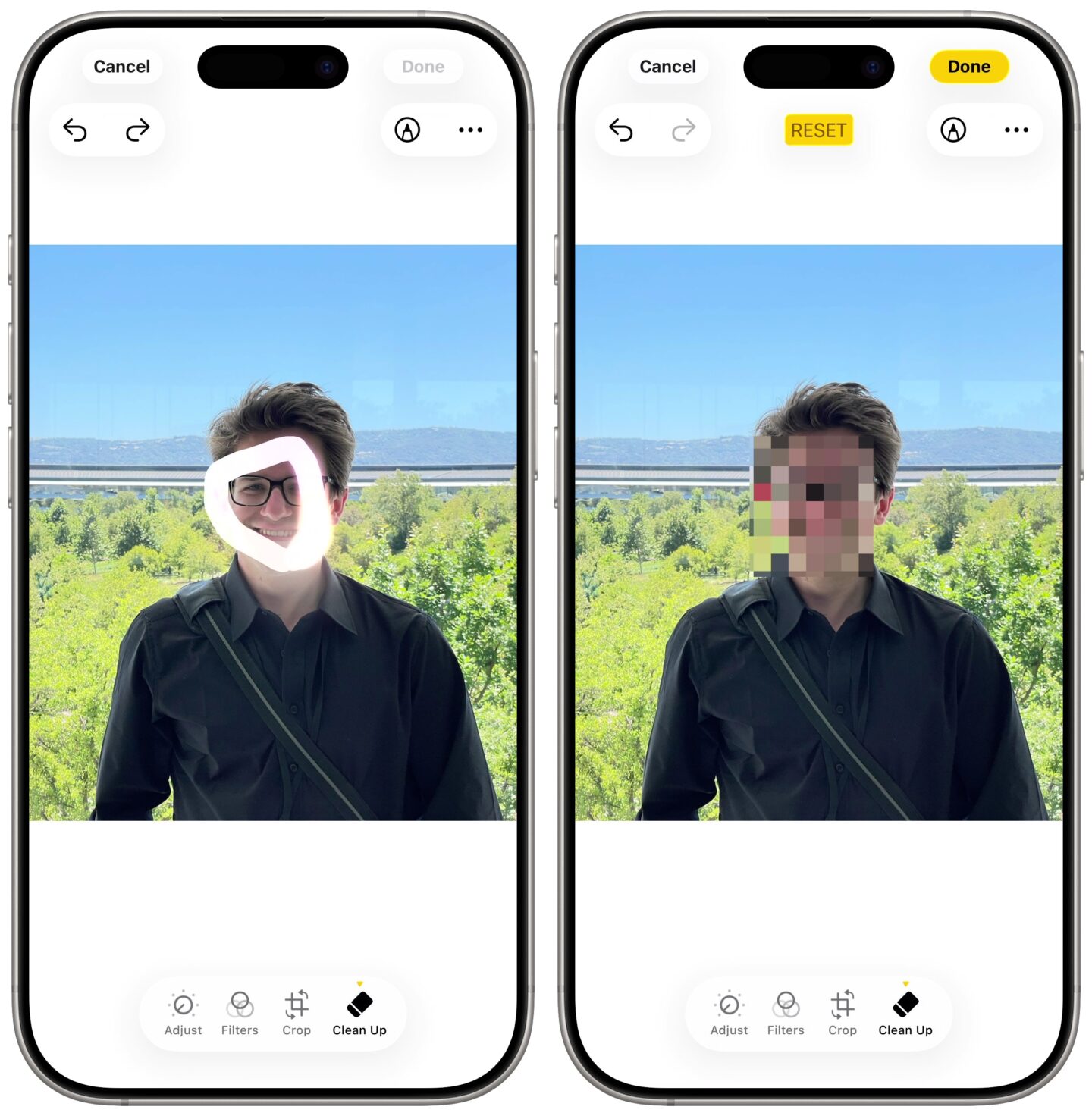 Editing a photo of myself by circling my face, showing the pixellated result.