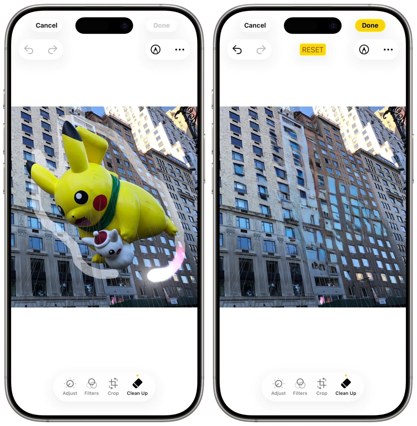 Editing a picture of a parade float in New York City, circling a parade float. It does not accurately fill in the buildings behind it.