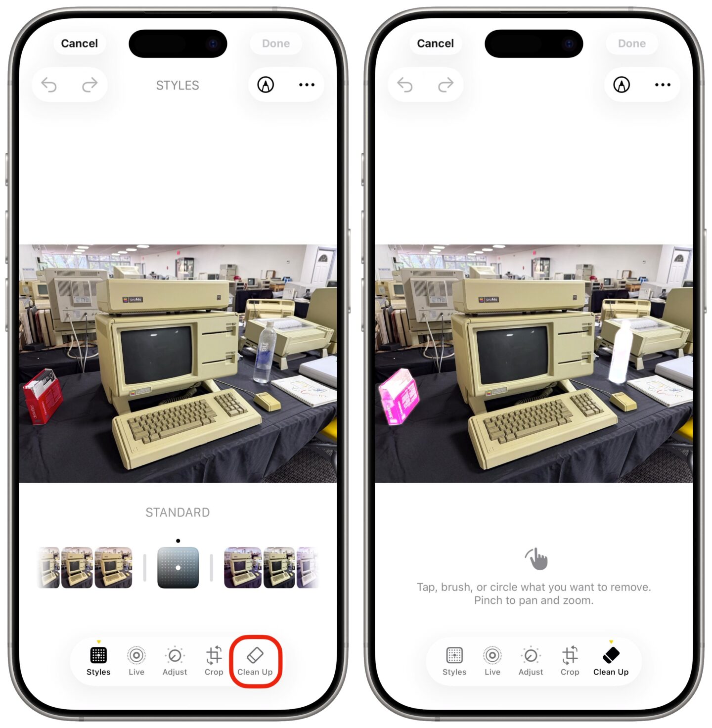 Bringing up the Clean Up tool on a photo, showing several highlighted objects that can be tapped.