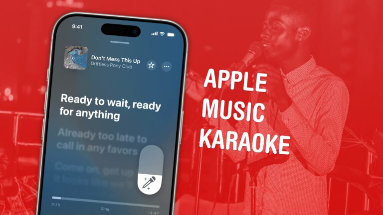 Graphic showing Apple Music karaoke mode, with a photo of a man singing into a microphone