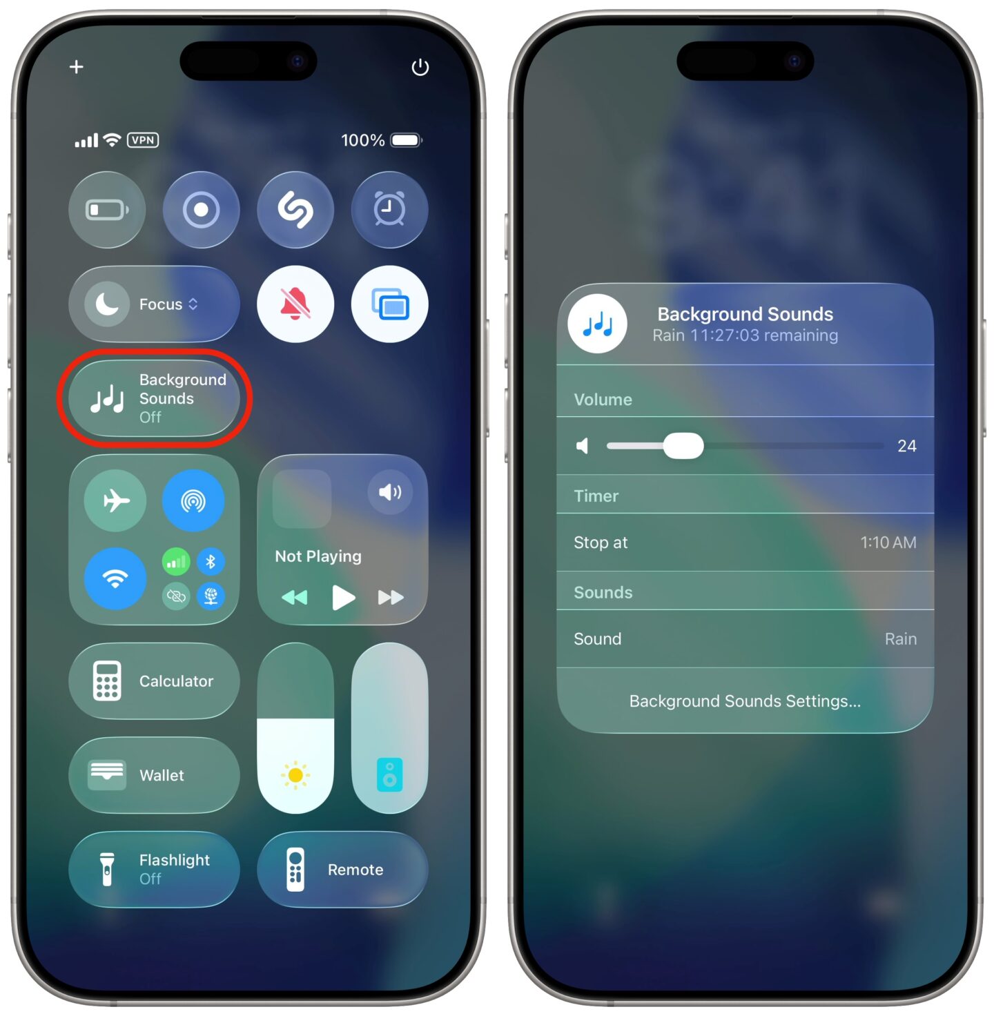 Background Sounds Control Center Button Tapping the Background Sounds button in Control Center