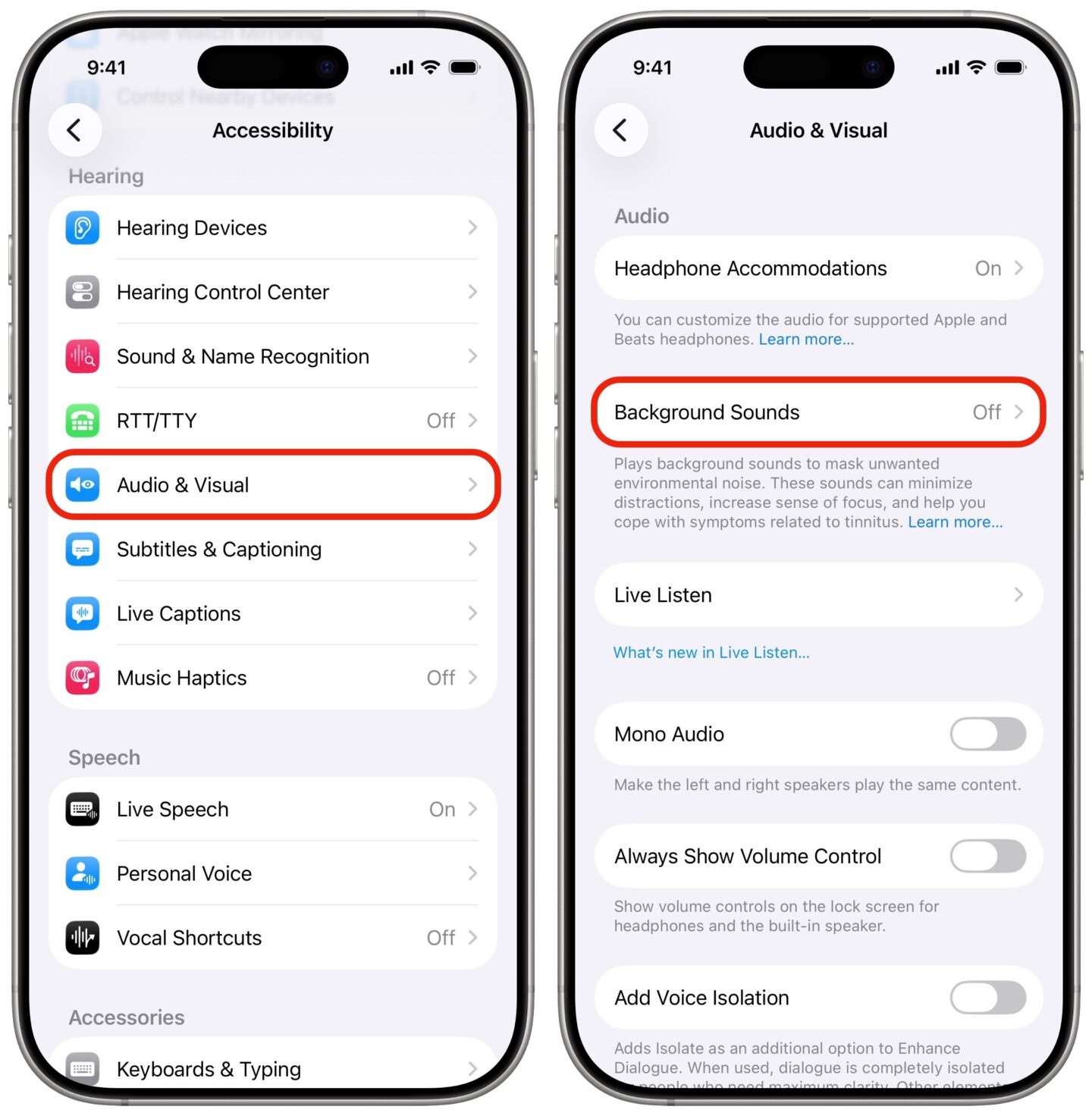 Background Sounds Settings Find Background Sounds in Accessibility Settings