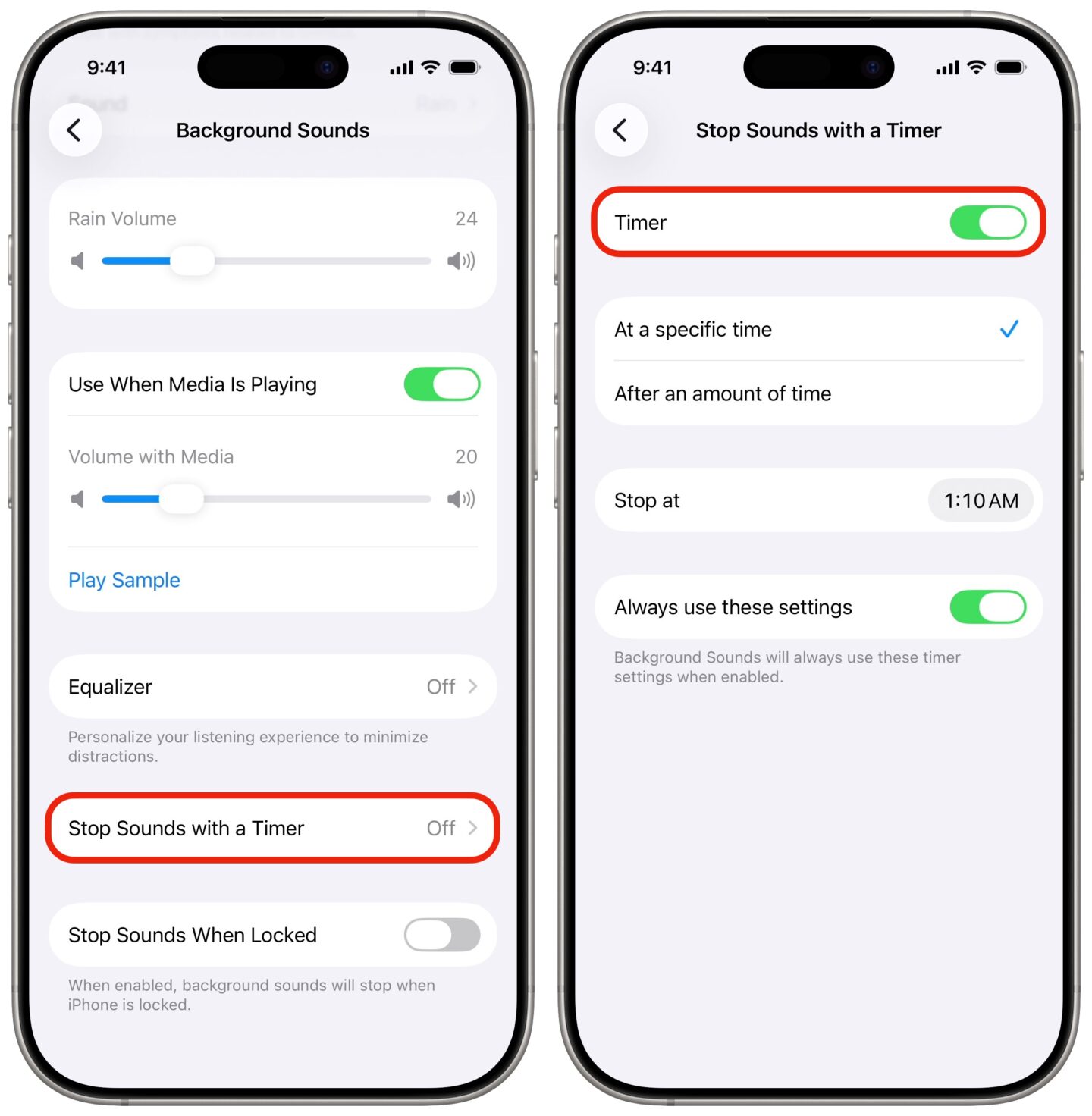 Background Sounds Timer Setting a timer to stop background sounds at a specific time